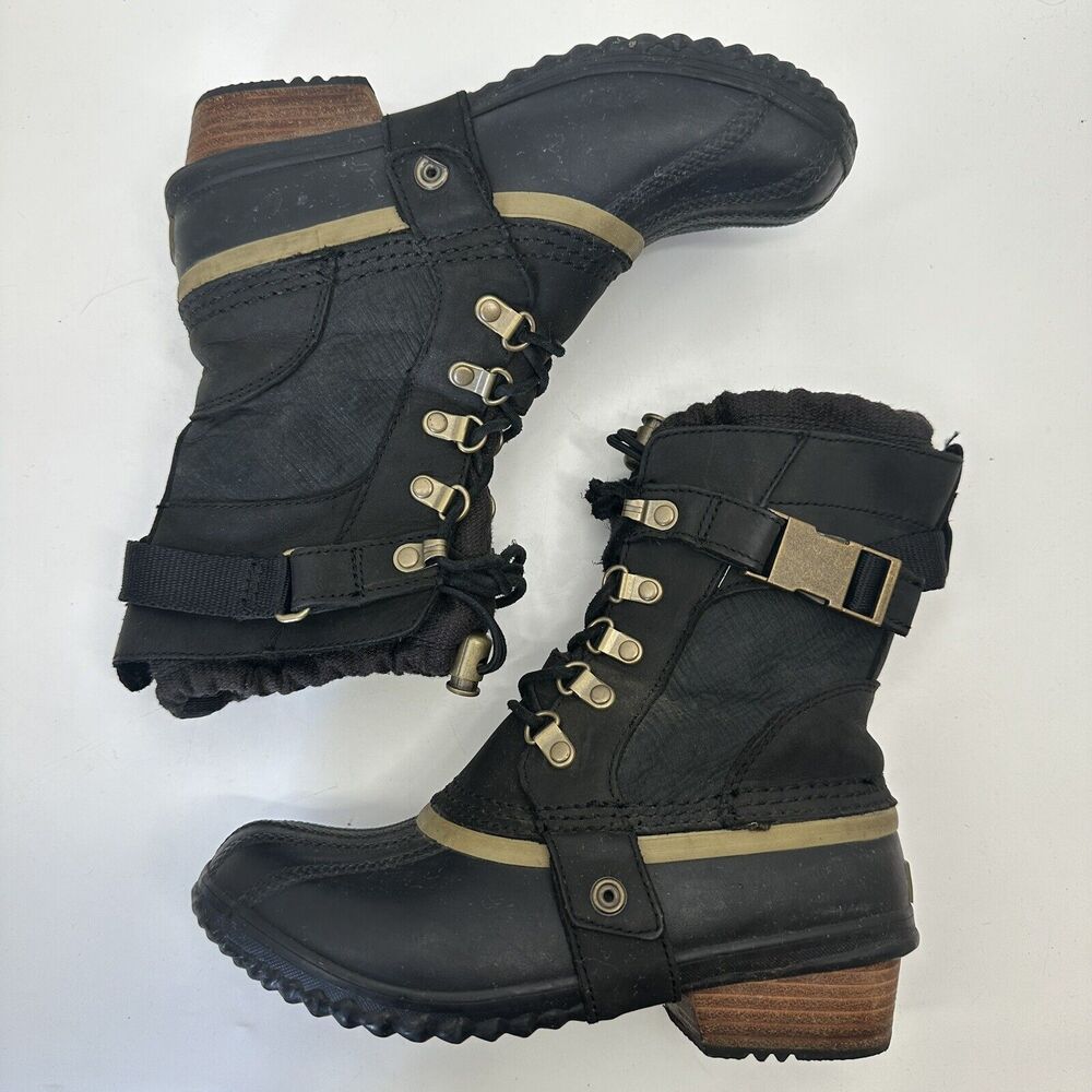 Sorel Duck Boots Conquest Carley Black Leather Stacked Heel Insulated Size 5.5